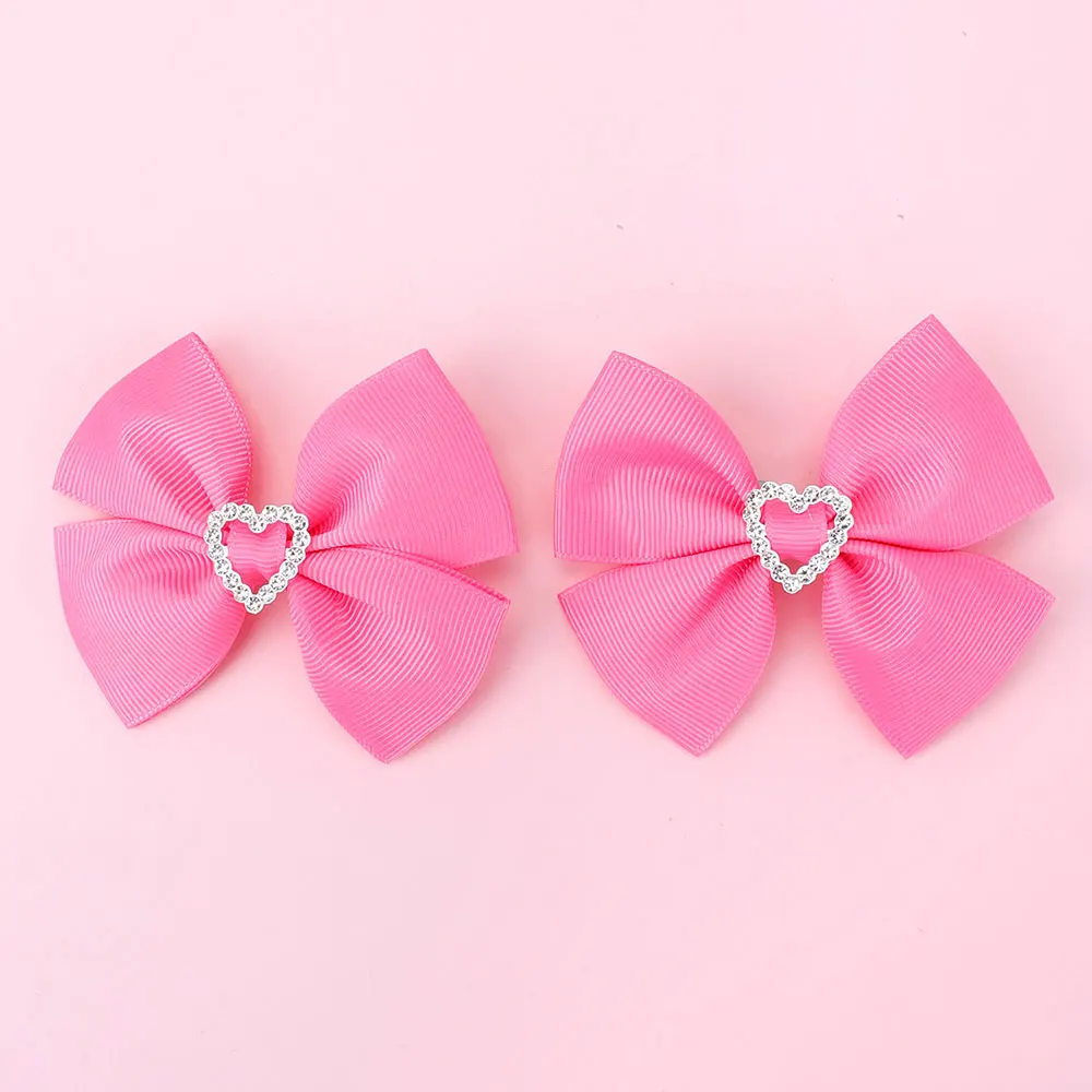 2Pcs/Lot Sweet Rhinestone Hairpins Solid Ribbon Hair Bows With Clips Kids Hair Accessories Toddler Bows Hair Clip Headwear