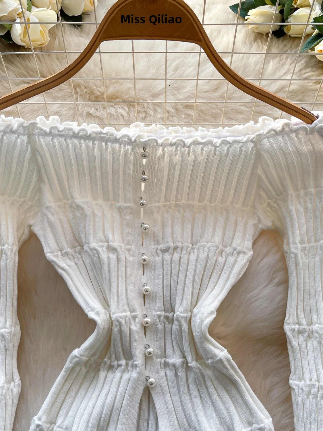 Pure Desire Gestricktes, schmal geschnittenes, schulterfreies Damen-Top mit Perlenbesatz, sexy Ele Long Sve, Freizeitkleidung aus Polyesterfaser