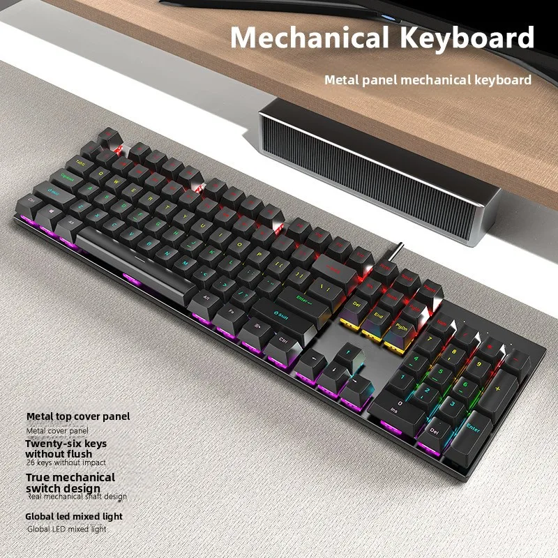 Key Wired Mechanical Gaming Keyboard Rgb Backlight Metal Panel Blue Switch Full Size Layout Esports Office Typing Home Computer