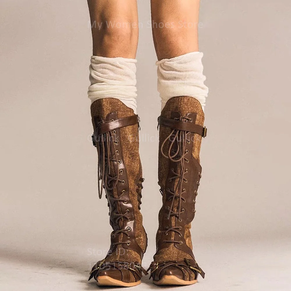 Wedges Pointy Toe Patchwork Knee High Boots Lace Up Zipper Buckle Strap Runway 2026 Winter Autumn Women Dress Shoes Handmade view 2