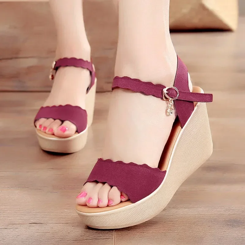 Small Size 32-43 Faux Suede Ankle Buckle Beach Office Platform Shoes Woman High Heels 2022 Summer Green Wedges Sandals