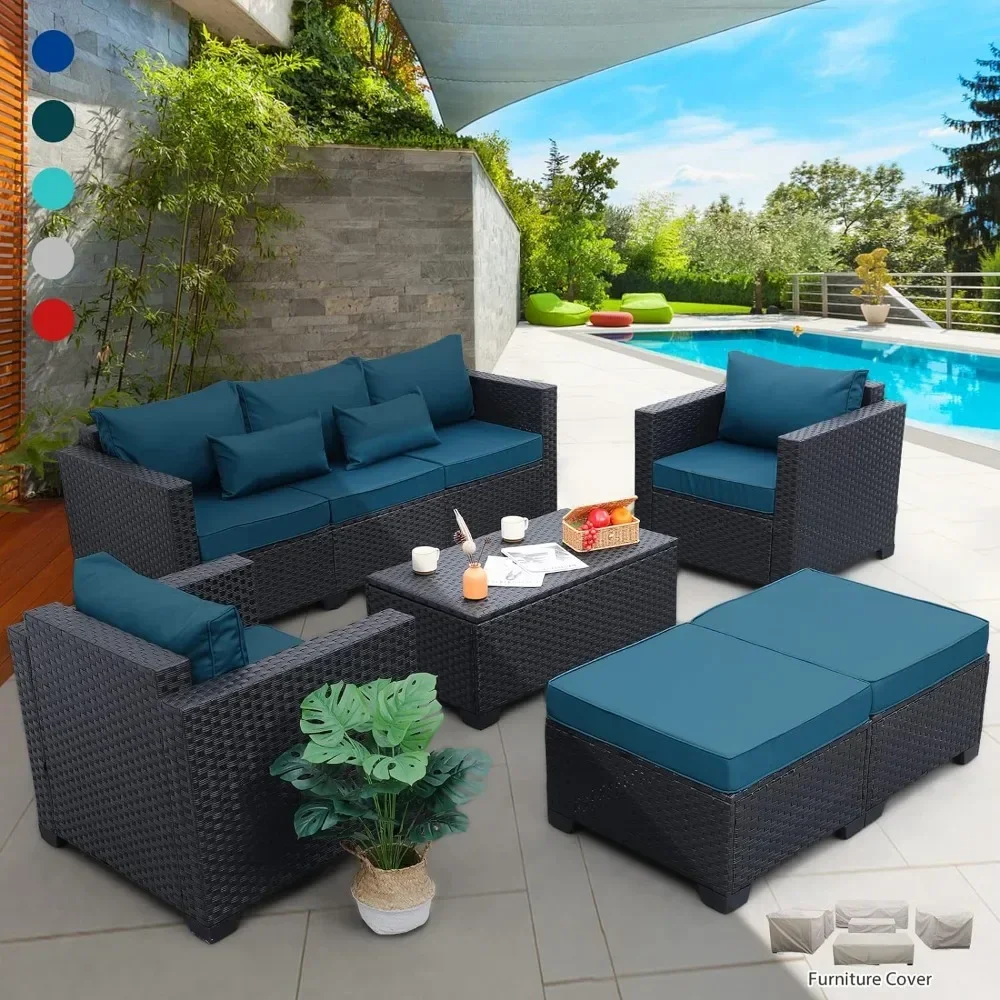 Patio Furniture Set 6 Pieces Couch Outdoor Chairs Coffee Table Peacock Blue Anti-Slip Cushions and Waterproof Covers Rattaner