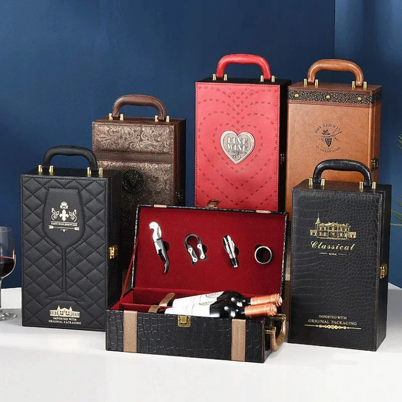 Leather High-grade Red Wine Box 750ml Double Bottles Wood Wine Organizer Solid Wood Wine Holder Commercial Wine Gift Box