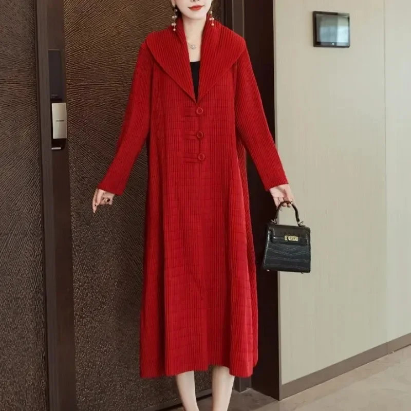 GGHK Plisowany damski długi płaszcz 2024Fall Winter New Solid Color Retro Design Lapel Long Sleeve Single Breasted Fashion Female Coat