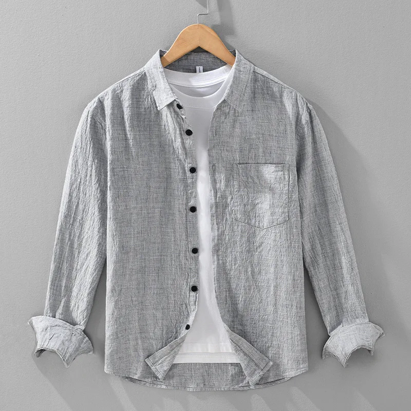 

High Quality 100% Linen Blend Long-sleeved Shirt for Men Casual Loose Bohemian Style Square-collar Breathable Vintage Shirt