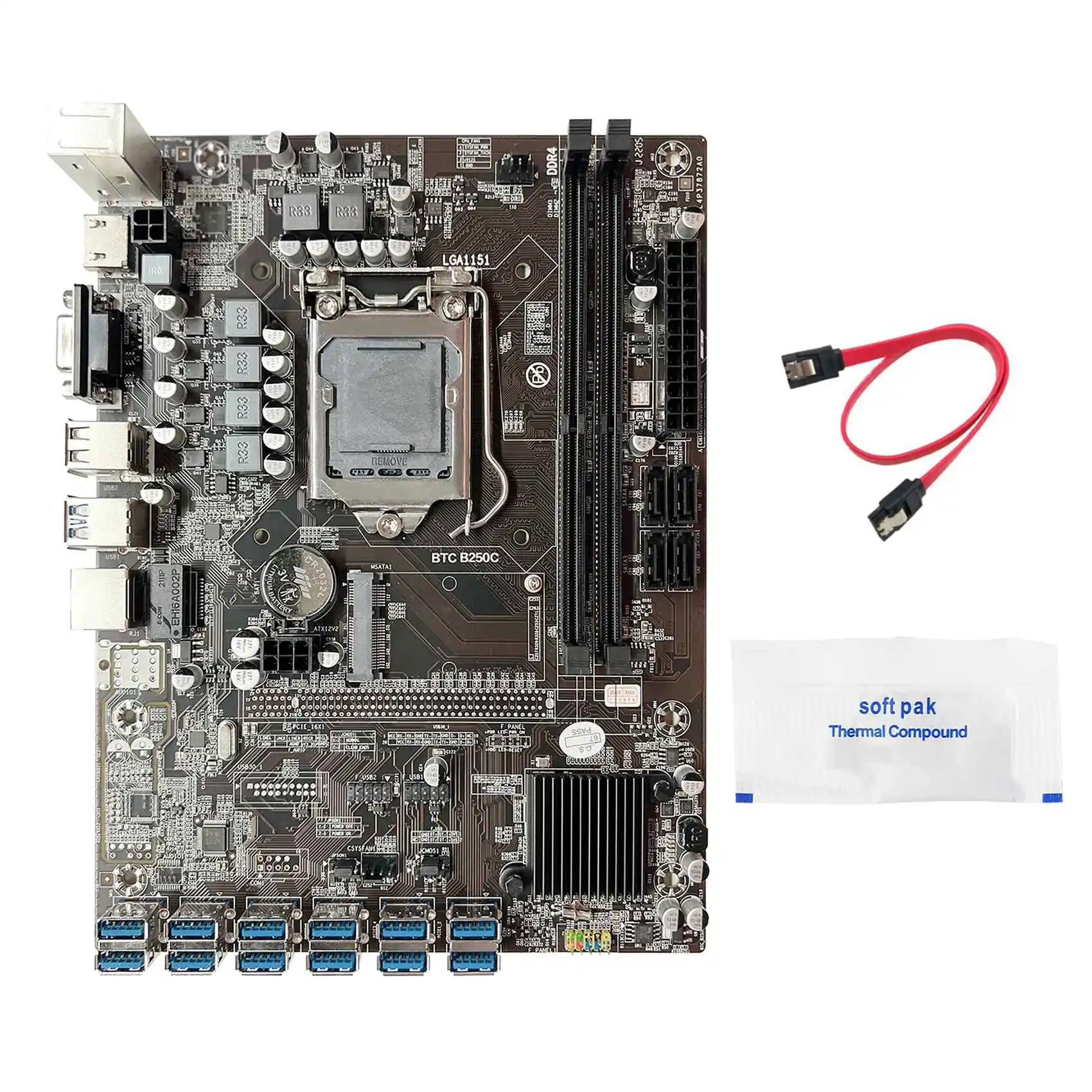 

B250C BTC Mining Motherboard+Thermal Grease+SATA Cable 12XPCIE to USB3.0 GPU Slot LGA1151 DDR4 MSATA for ETH Miner