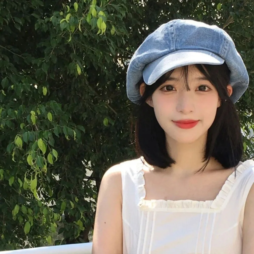 Retro Washed Cloth Denim Beret British Style Korean Style Denim Octagonal Hat Head Circumference Cloud Hat Ladies