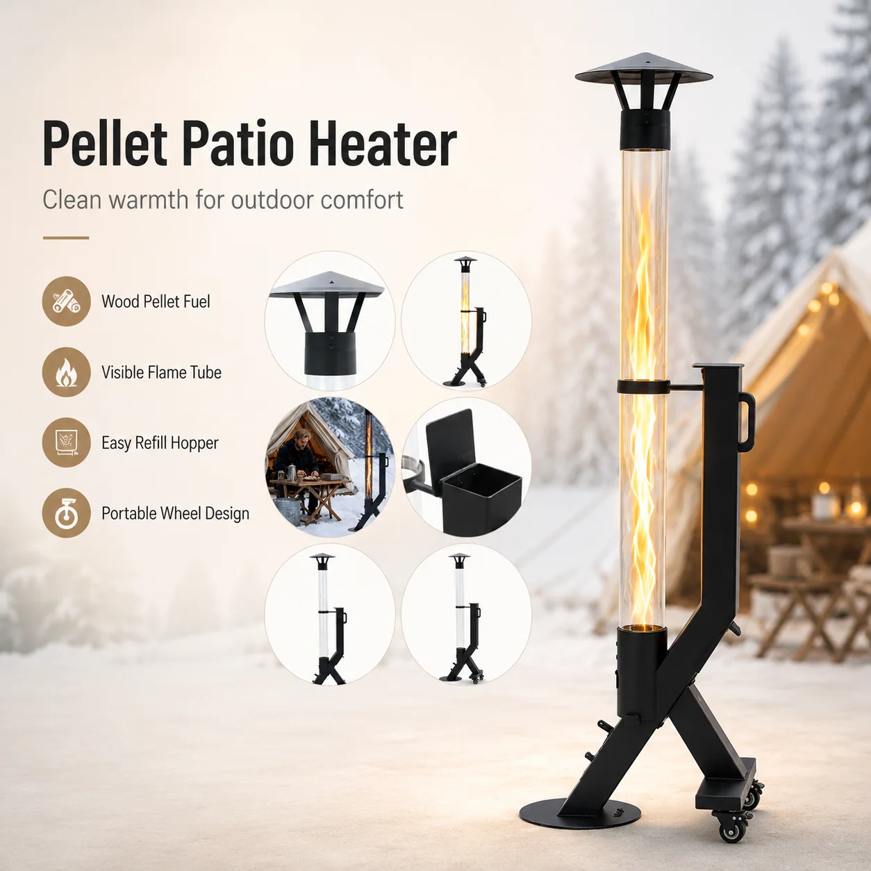 Premium Wood Pellet Patio Heater Freestanding Carbon Steel Outdoor Heater for Garden and Backyard Use