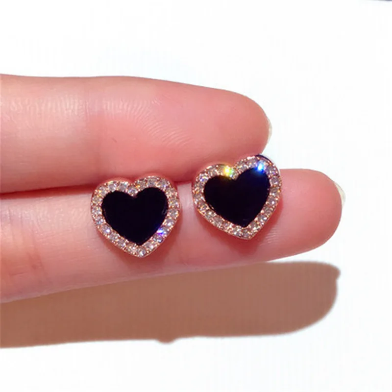 Korean Style Zircon Black Resin Heart Ear Studs for Women Elegant Luxury Geometric Earrings 2024 Fashion Trends Jewelry Gifts