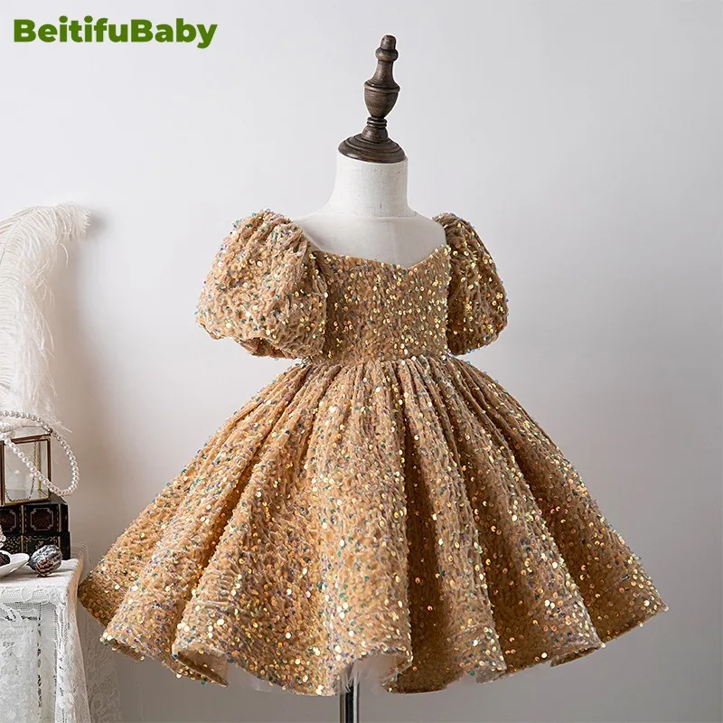 BeitifuBaby-Vestido retrô estilo princesa para meninas, vestido de baile infantil, mangas bolha, lantejoulas, vestidos de banquete, florista, festa de casamento