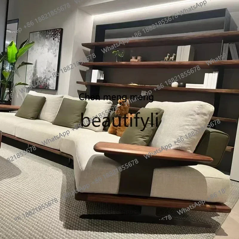 D178  a26 Hong Kong-style sofa modern and simple, straight row black walnut solid wood sofa Nordic living room fabric sofa