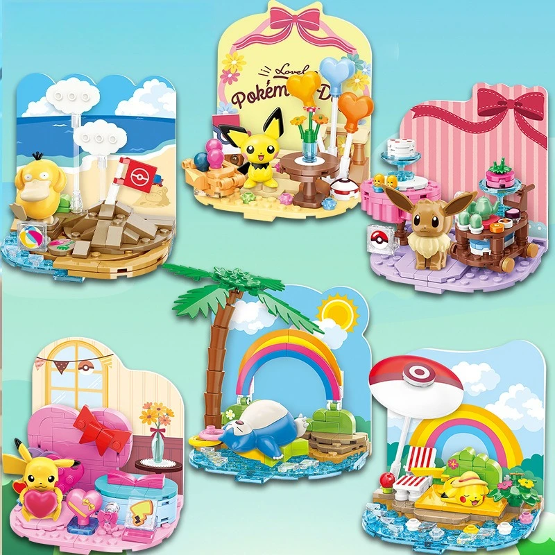 

Kawaii Koduck Psyduck Eevee Pikachu Beach scene building block toys .toy building bricks Desktop.Children adults' birthday gift