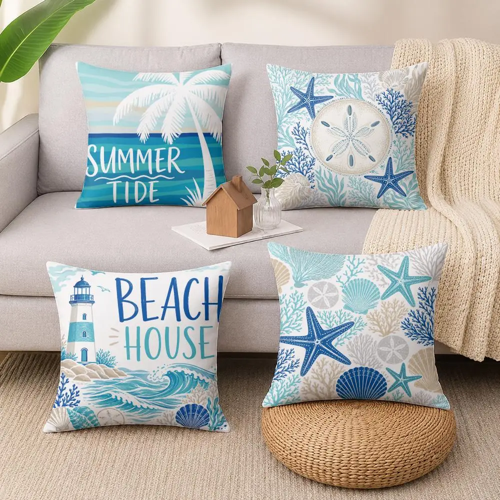 Ocean Beach Theme Cushion Cover Soft Short Plush Pillow Cases Hidden Zipper Cutecore Sofa Bedroom Home Decor Gift