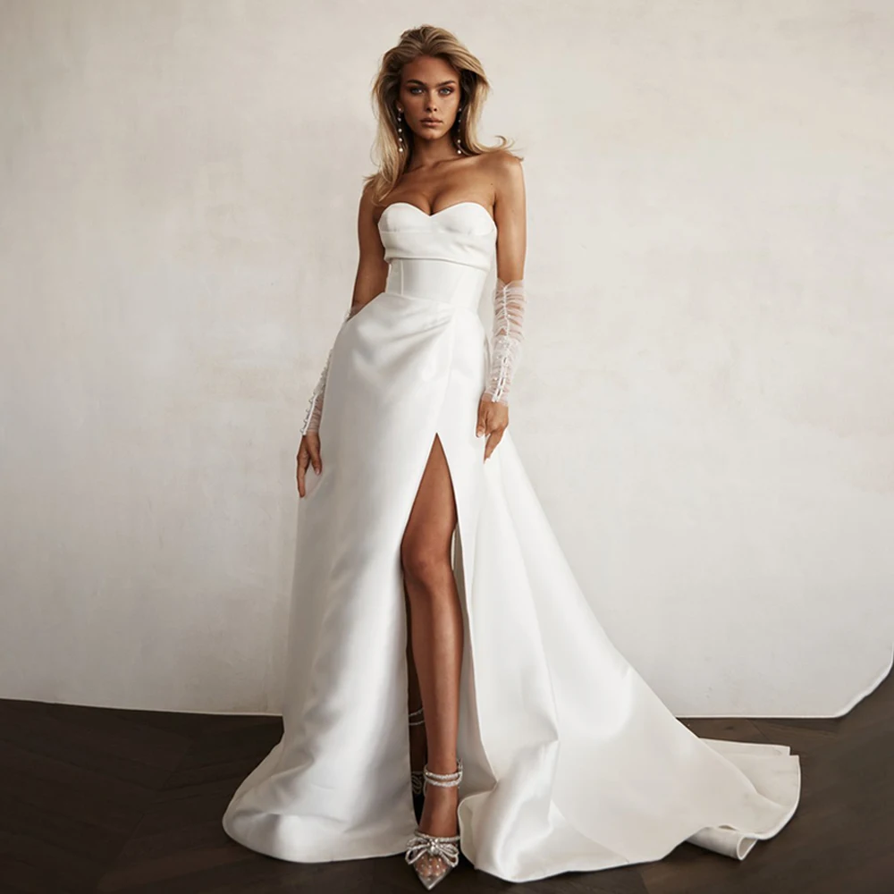 

Simple Off Shoulder Crisscross Wedding Dresse Removable Sleeves Slit Side Wedding Gowns A-lin Court Bridal Gown vestido de