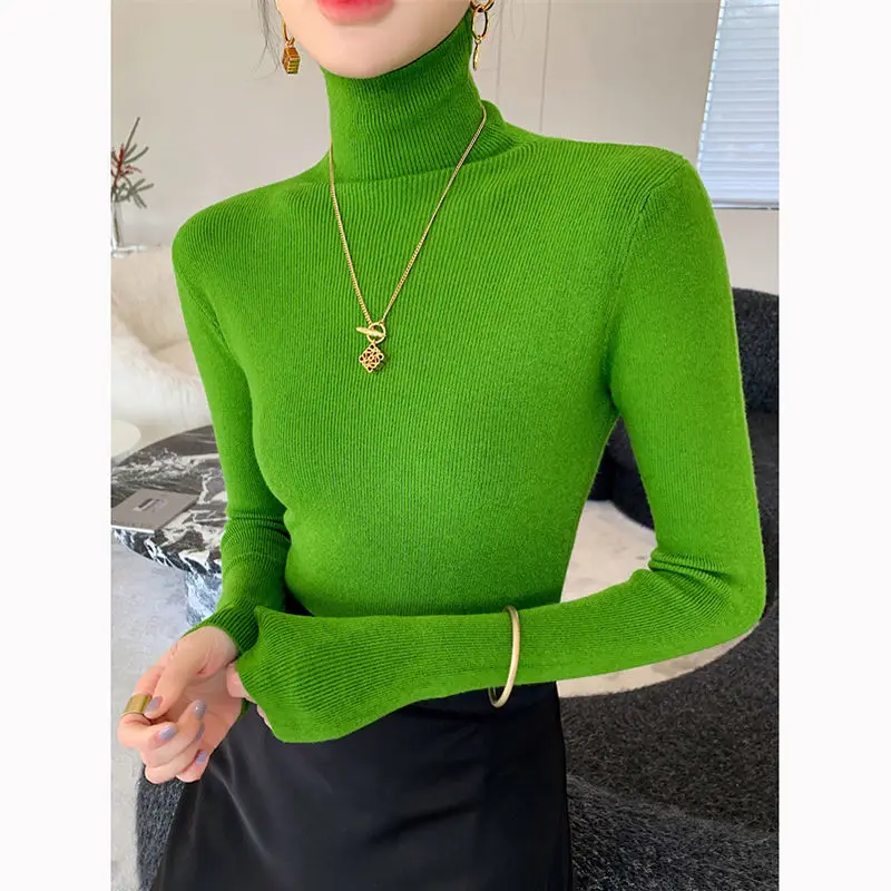 סוודר סריג עבה בצבע אבוקדו ירוק עם צווארון גבוה לנשים, מודרני, רך ומדביק