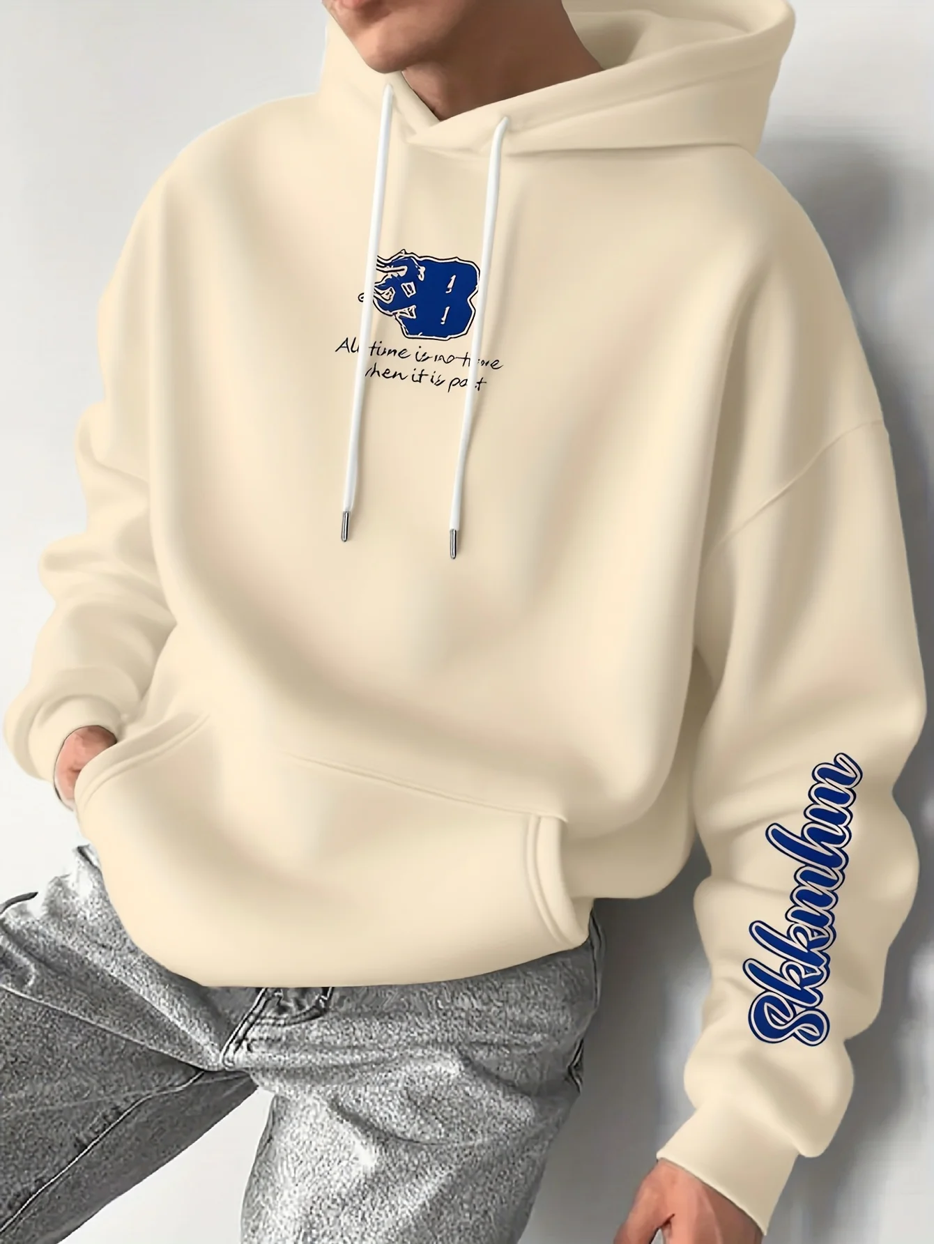 Fashion Daily‑wear Men Hoodie Simple Letter Graphic Chest & Long Sleeve Print Autumn‑Winter Pullover
