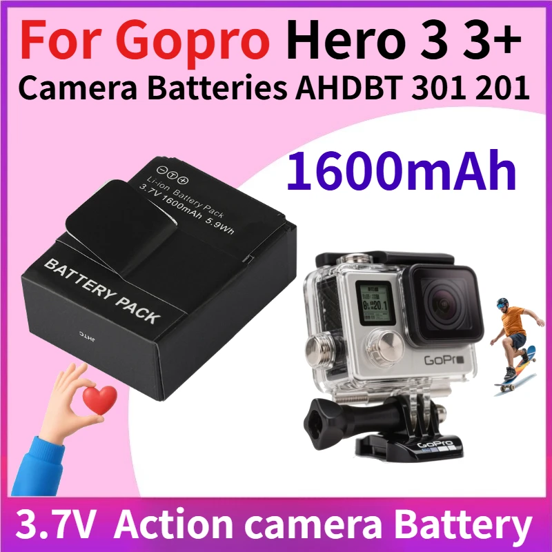 3.7V 1600mAh AHDBT-301/302 Action camera Battery for Gopro Hero 3 3+ Camera Batteries AHDBT 301 201 Rechargeable Accessories