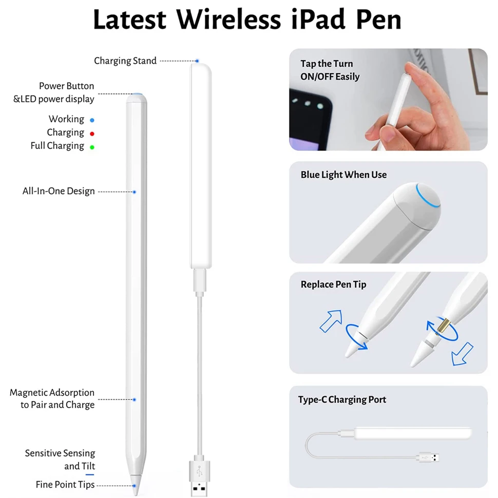 قلم تحديد للشحن اللاسلكي من الجيل الثاني لجهاز Apple iPad Air 4 5 Pro 11 12.9 Mini 6 مع قلم احترافي لرفض النخيل 2