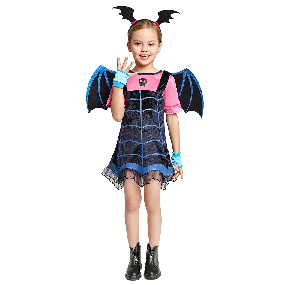 Disney-Roupa infantil de vampiro disfarce, vestido de vampiro com asas e luvas, traje de Halloween feminino, dia de todos os santos