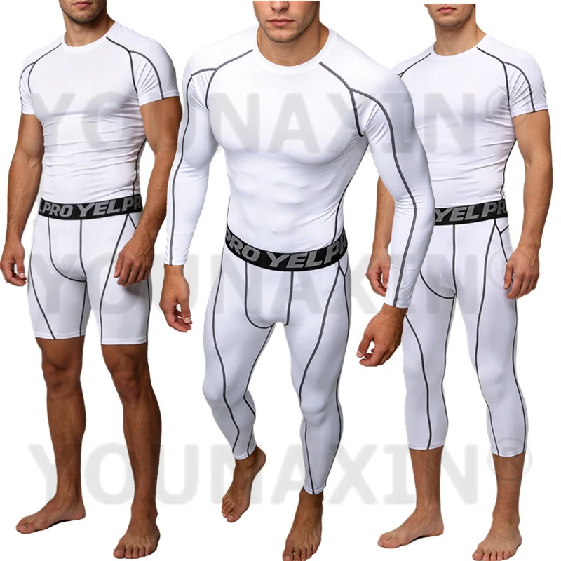 

Белые мужские футболки для спортзала и бега, шорты для фитнеса, укороченные брюки для тренировок, быстросохнущие спортивные штаны, размеры S, M, L, XL, 2XL