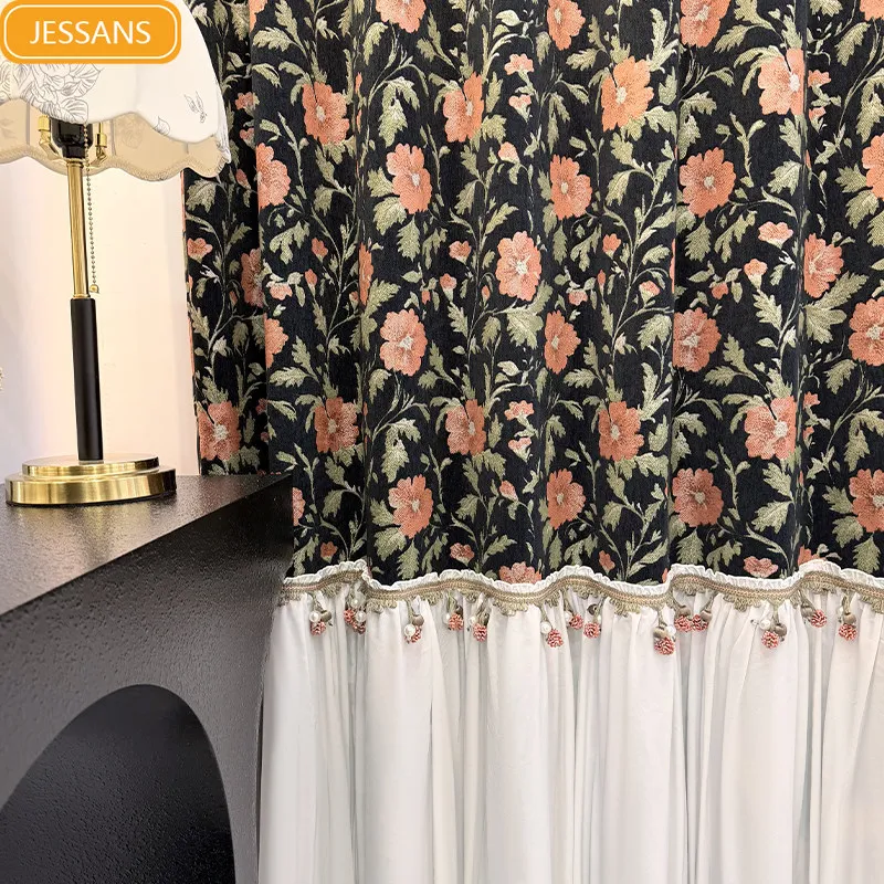 New American Retro Black Chenille Skirt Stitching Curtains for Living Room Bedroom French Window Balcony Customized Finished