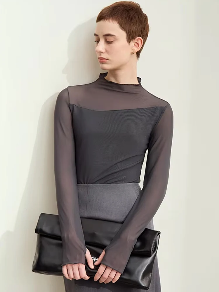 Amii-Économie minimalistes en maille pour femmes, chemise rétro Slim, col mi-haut, dame de bureau, automne, nouveau, 2024, 12423055