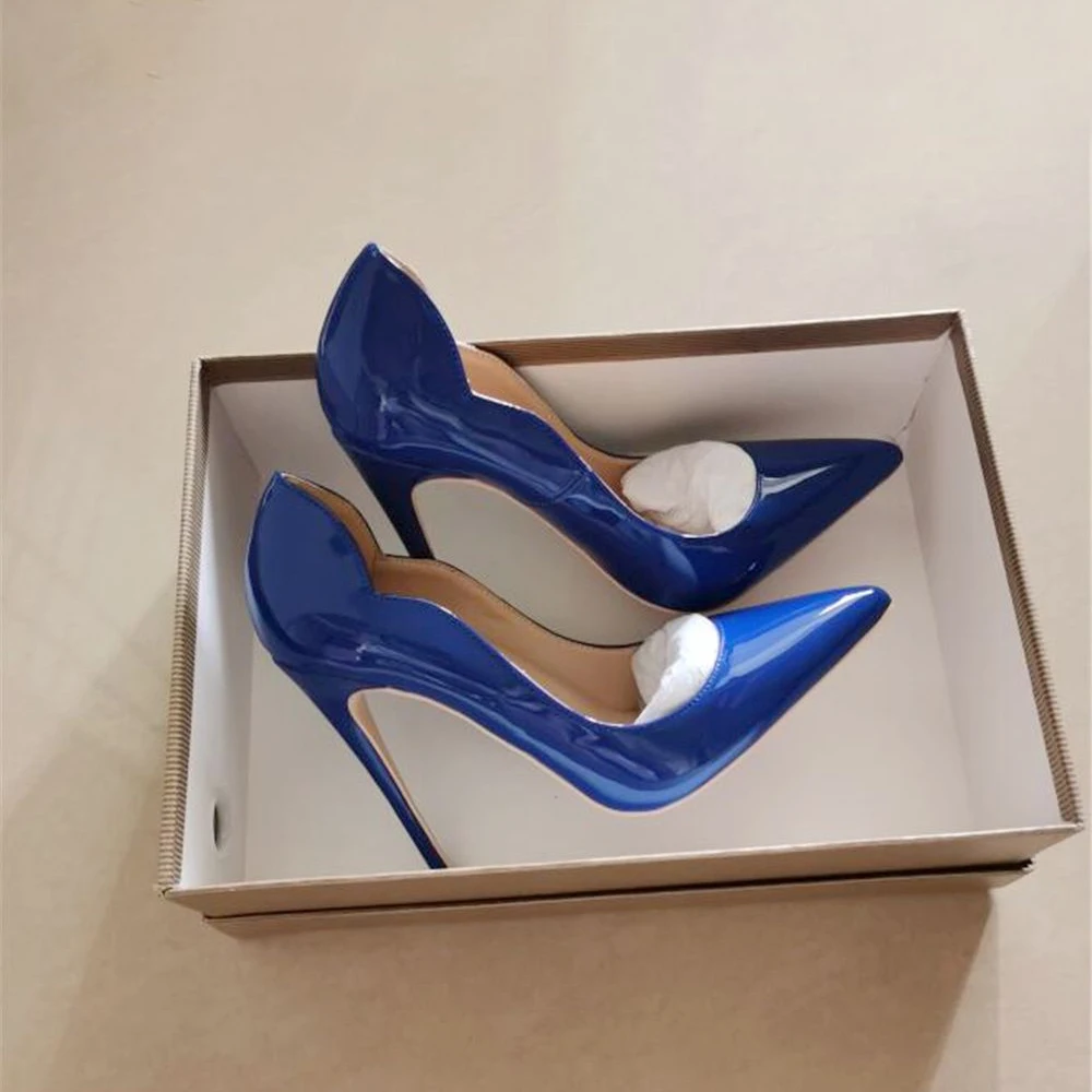 Blue Curl Upper Women Patent PU Pointed Toe Stiletto 12cm High Heels Sexy Ladies Party Dress Shoes Club Dance 10cm Pumps QP042