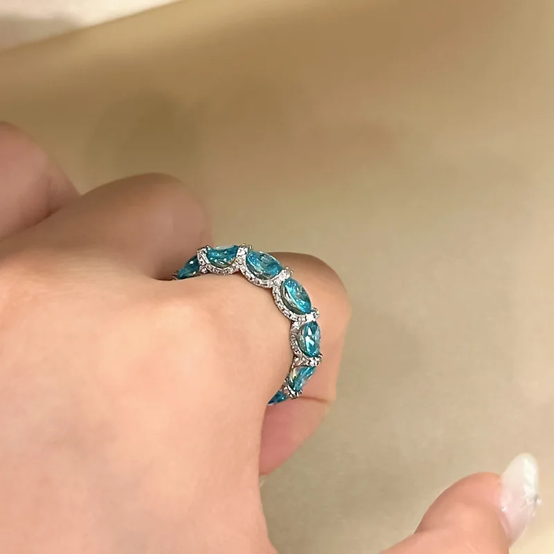 AETEEY S925 Silver Full Pave Zircon Aquamarine Ring 4*6mm Oval Pigeon Egg Band Women Luxury Finger Jewelry