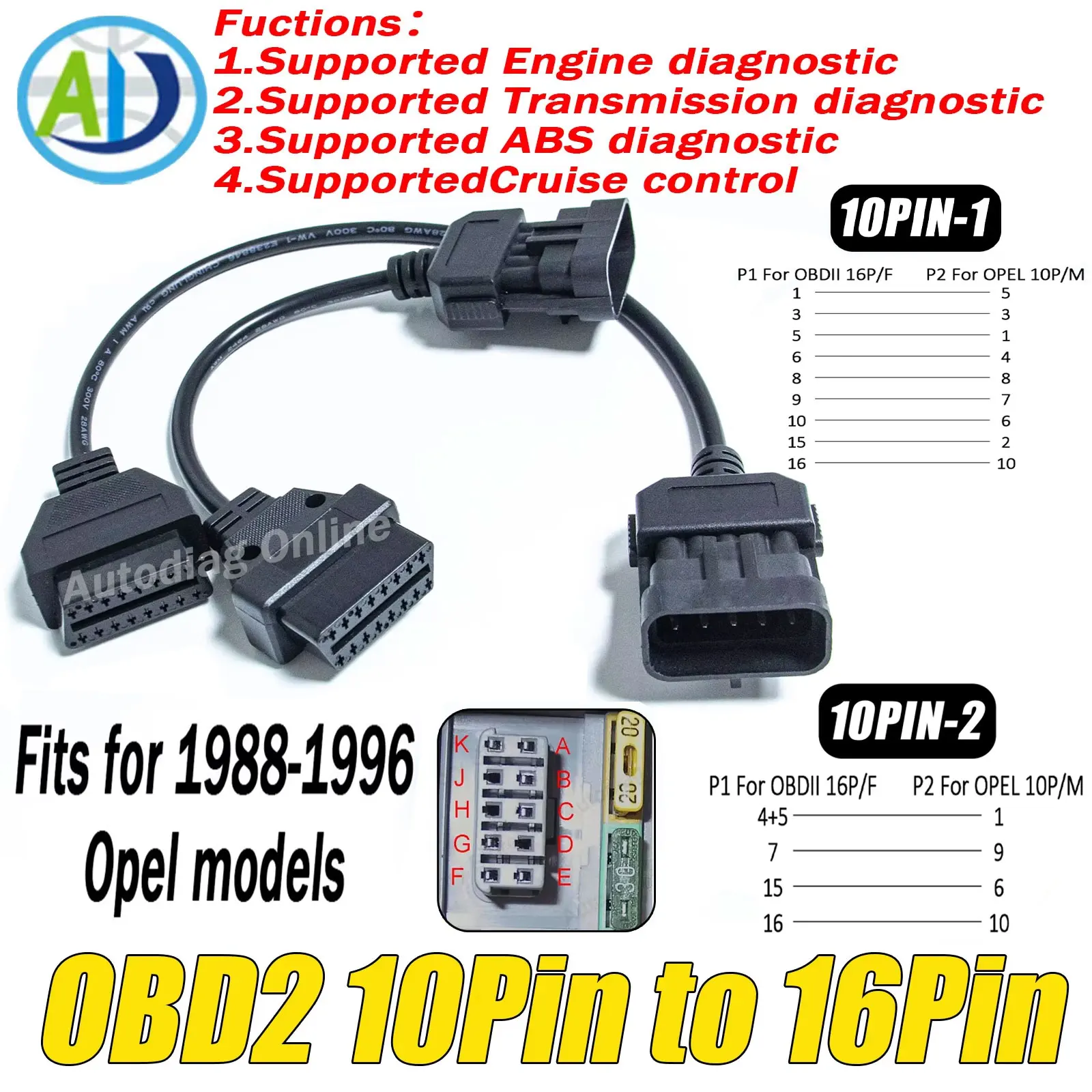 For OPEL Automatic OBD2 Diagnostic Cable 10pin to 16pin Car OBDII Diagnostic Connector for Vauxhall Scanner OBD2 Adapter Cable