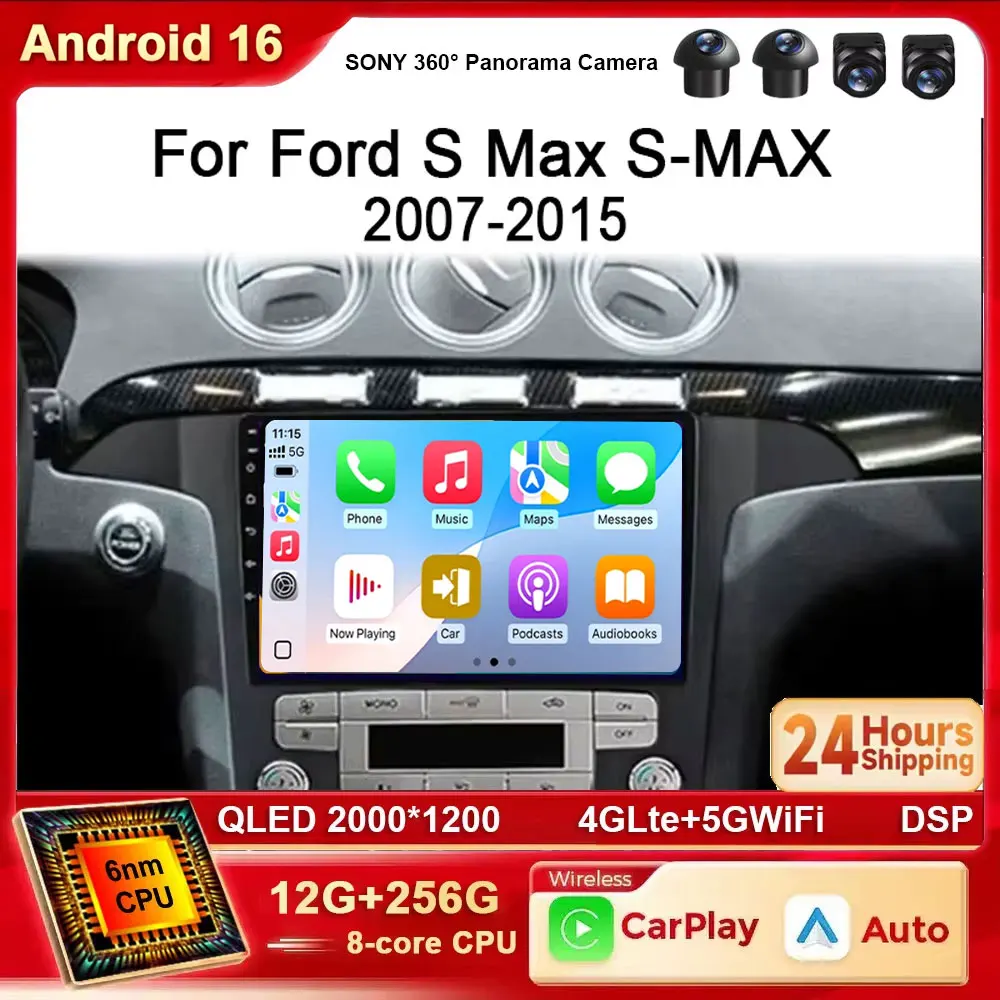 Android 16 Car Radio For Ford S-MAX S MAX 1 2006 - 2015 2K 4G BT WIFI Viedo Player Navigation DVD Autoradio LTE Head Unit GPS