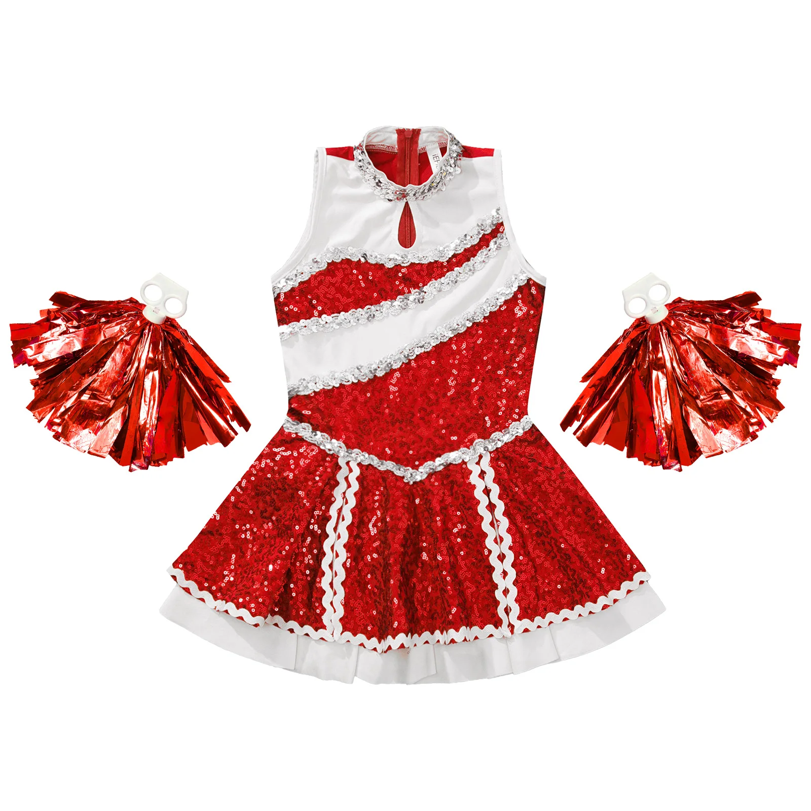 Kids Girls Cheerleading Costume Sleeveless Sequined Tutu Dance Dress with Tassel Flower Balls Children Cheerleading Uniforms