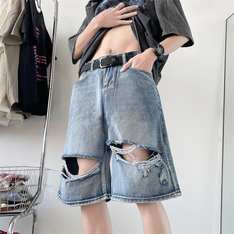 

Baggy Jeans Men's Blue Shorts Streetwear Luxury Man Jeans Jorts Straight Trousers Wide Pants Ripped Clothing