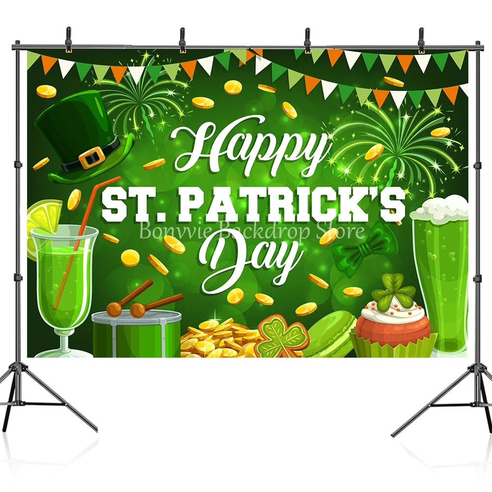 Bonvvie St. Patrick’s Day Backdrop Lucky Green Shamrock Rainbow Gold Coin Party Baby Adult Photography Background Photo Studio