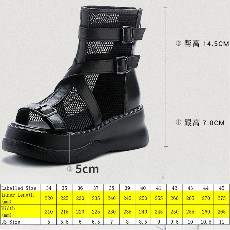 Fujin 7cm Moccasins Fashion Summer Motorcycle Sandals Hollow Shoes Air Mesh Genuine Leather Boots Chimney Ankle Booties Women