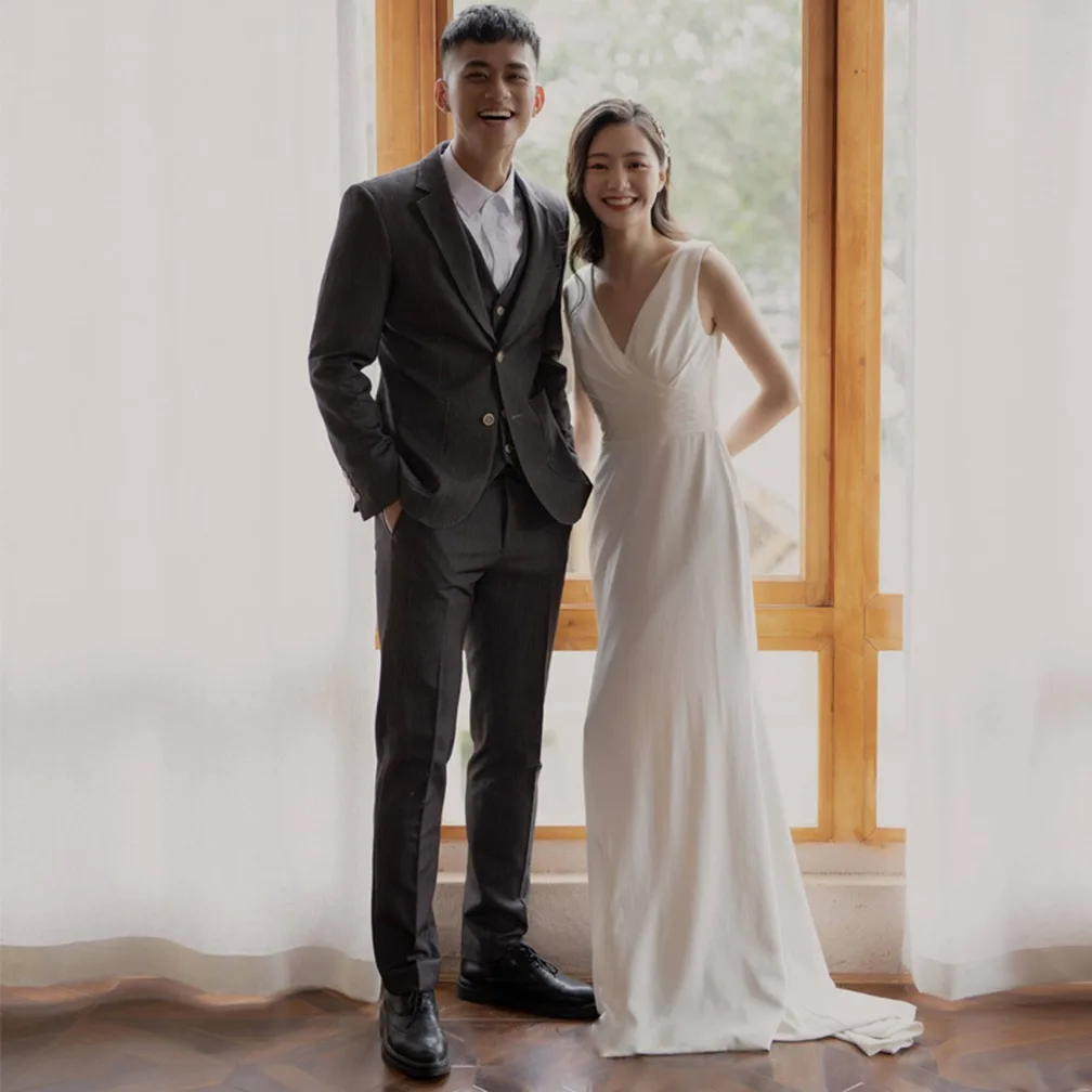 Vestido De Novia largo De satén suave con cuello en V para mujer