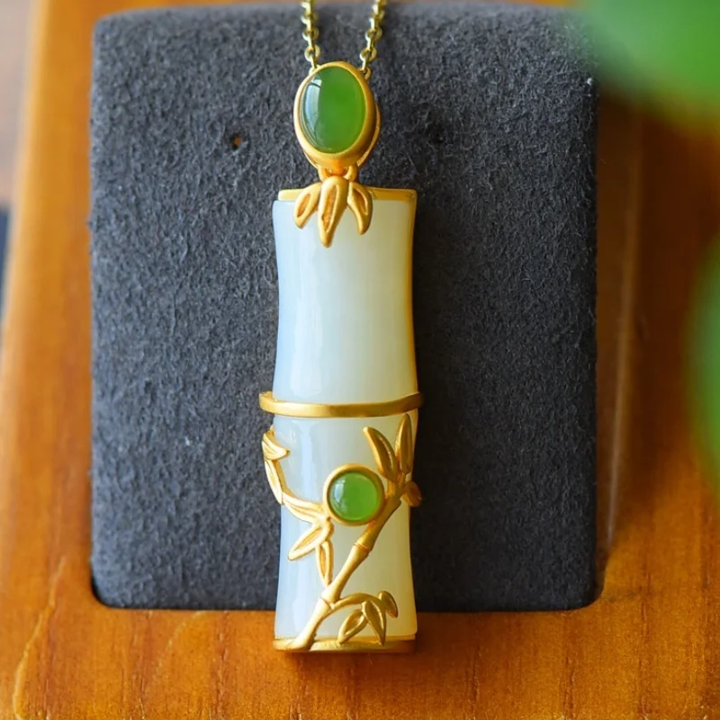 SGARIT Hetian White Jade S925 Silver 11*42mm Bamboo Node Pendant Symbolizes Continuous Growth Two Color Option with Silver Chain