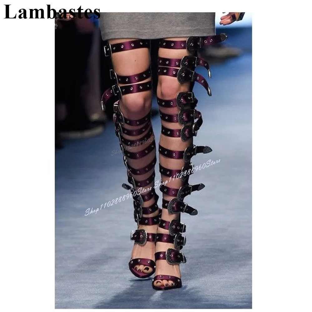 

Over The Knee Purple Buckle Strap Runway Sandals Thin High Heel Women Shoes Back Zipper Open Toe 2024 Sexy Zapatos Para Mujere