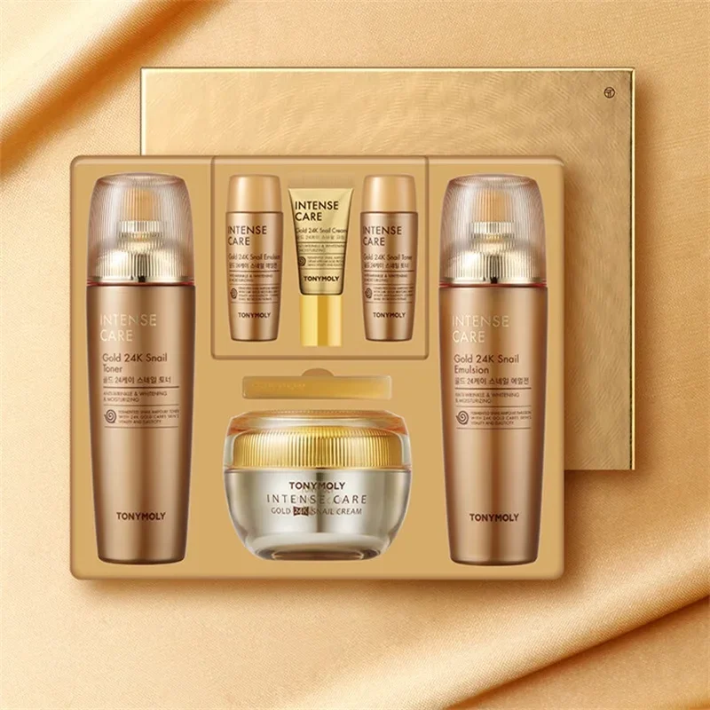 Original Korea TONYMOLY Super Intense Care Gold 24k Snail Skin Care Set Toner Emulsion Anti-wrinkle Cream Anti-aging Moisture