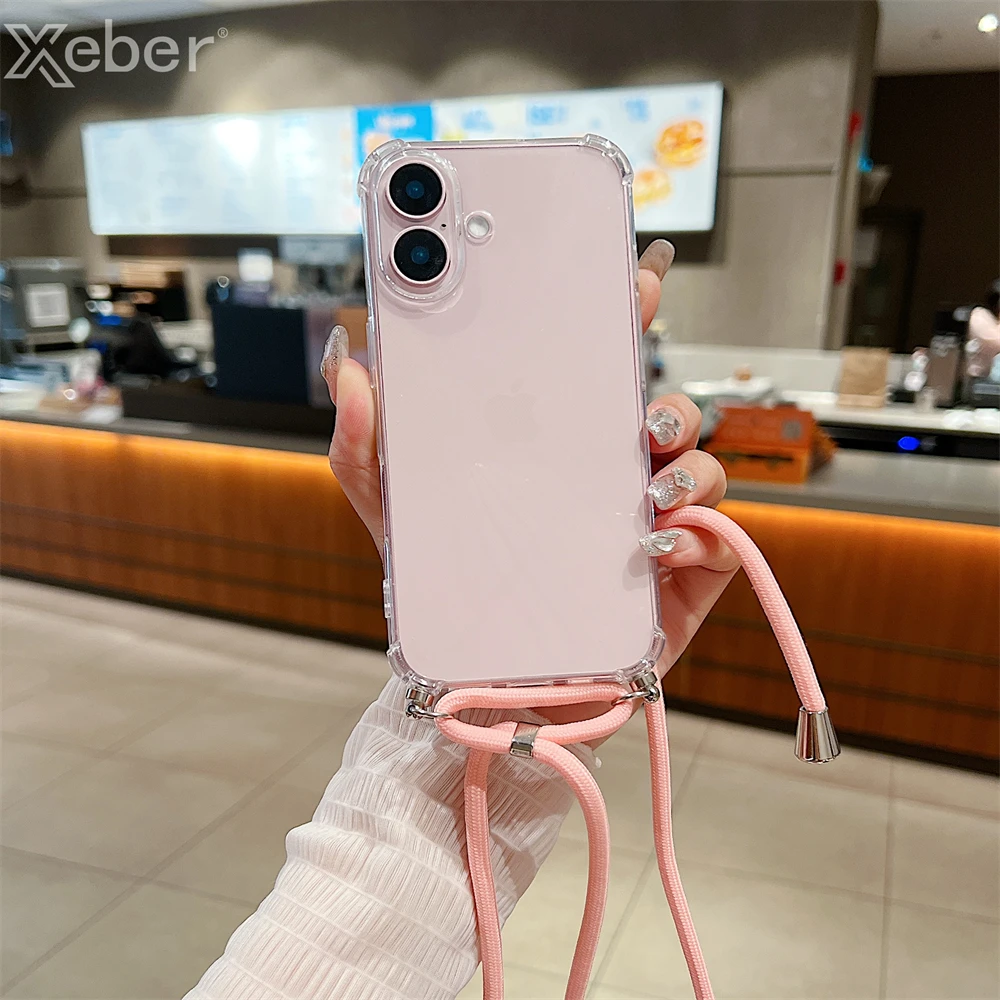 For iPhone 18 17 16 15 14 ProMax Crossbody Necklace Cord Lanyards Transparent Case For iPhone 11 12 13 Pro Max XS XR Soft Cover