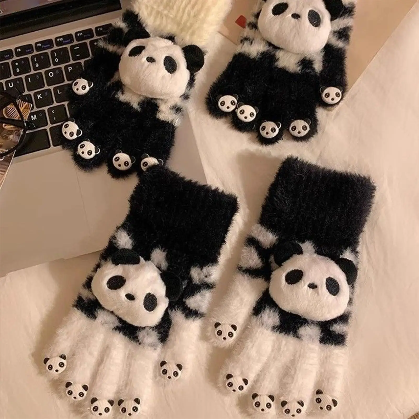 

Full Finger Gloves For Women 1 Pair Soft Cute Panda Cycling Knitted Full-Fingered Gloves For Ladies Adults Students Commuting