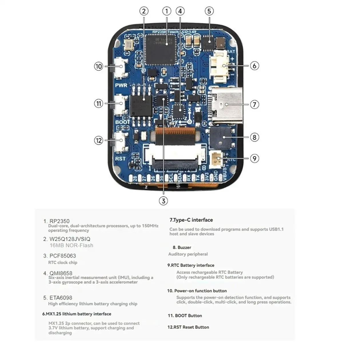 RP2350 Microcontroller Dual-Core ARM Touch LCD Development Board with 1.69-Inch Rounded Corner LCD Touch Screen