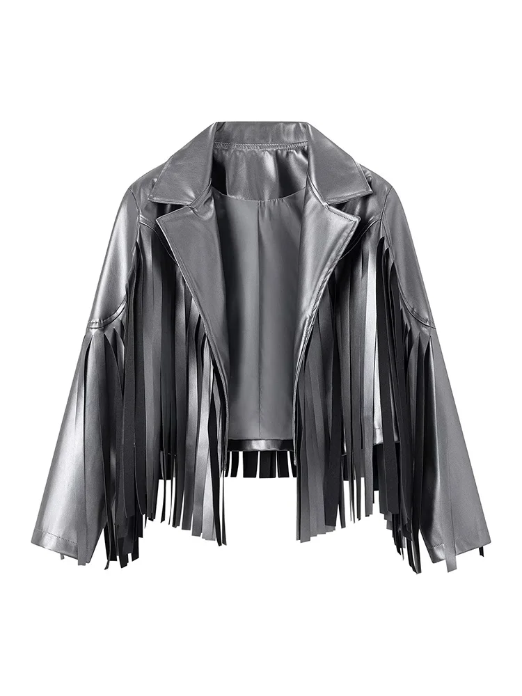 Traf PU Leather Tassel Women\'s Jacket 2023 Autumn Turn Down Collar Spliced Casual Jackets Female Fashion Streetwear Short Coats