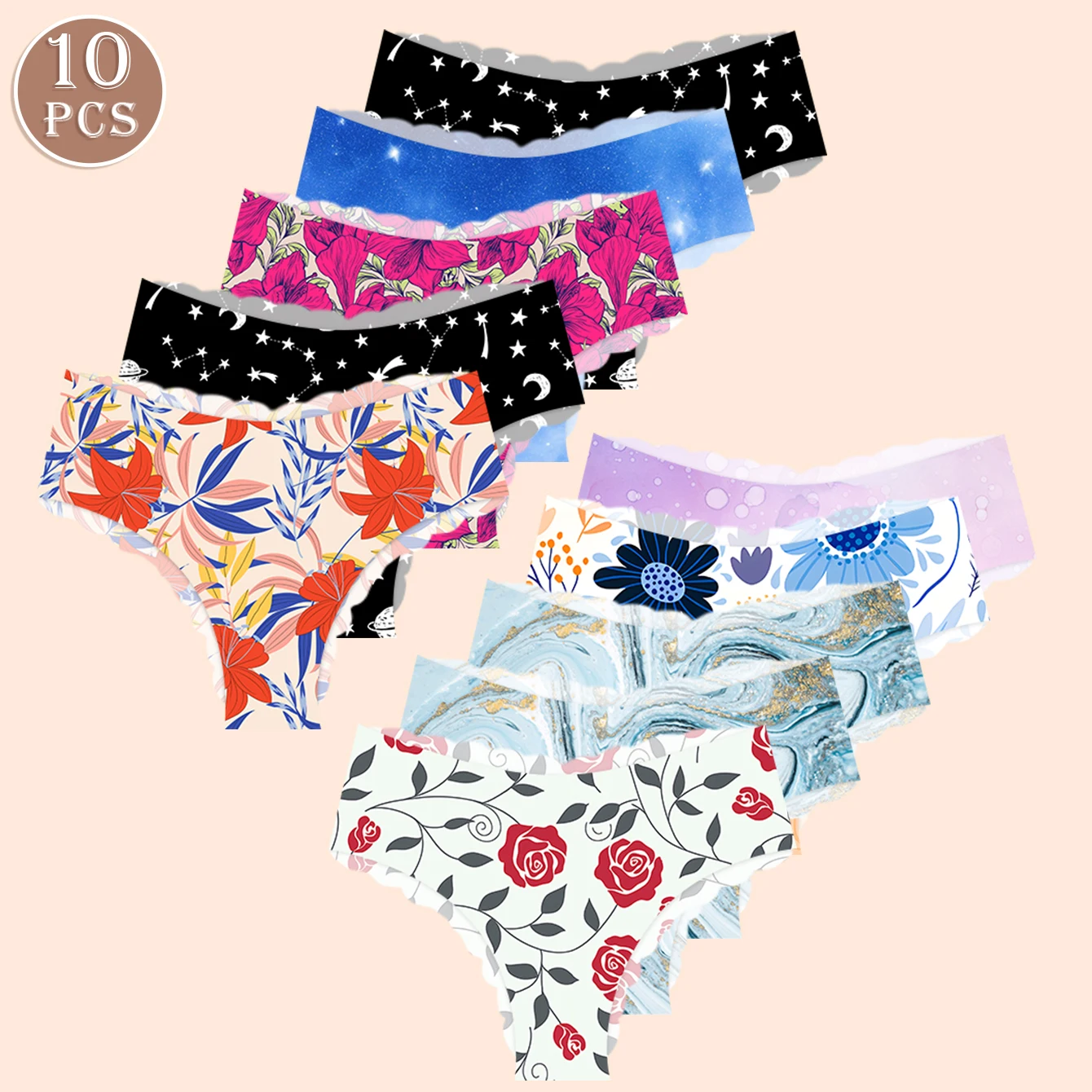 10 pcs Women\'s Panties Non-marking Panties Comfortable Breathable Ice Silk Daily Fit Fashionable Design Art Print Low Waisted