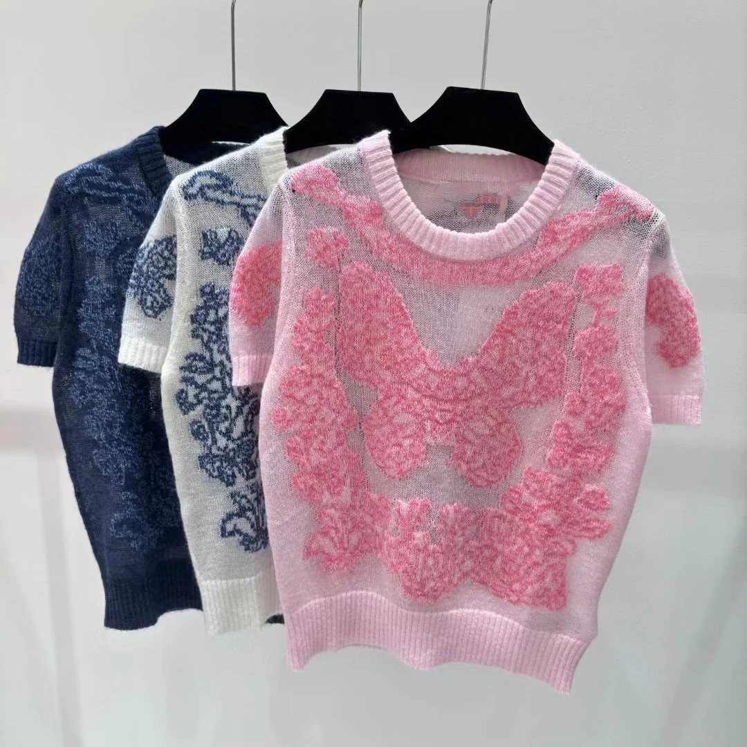 

Silk cashmere floral butterfly embroidery knitwear women's pink short sleeve luxury niche designer brand old money style