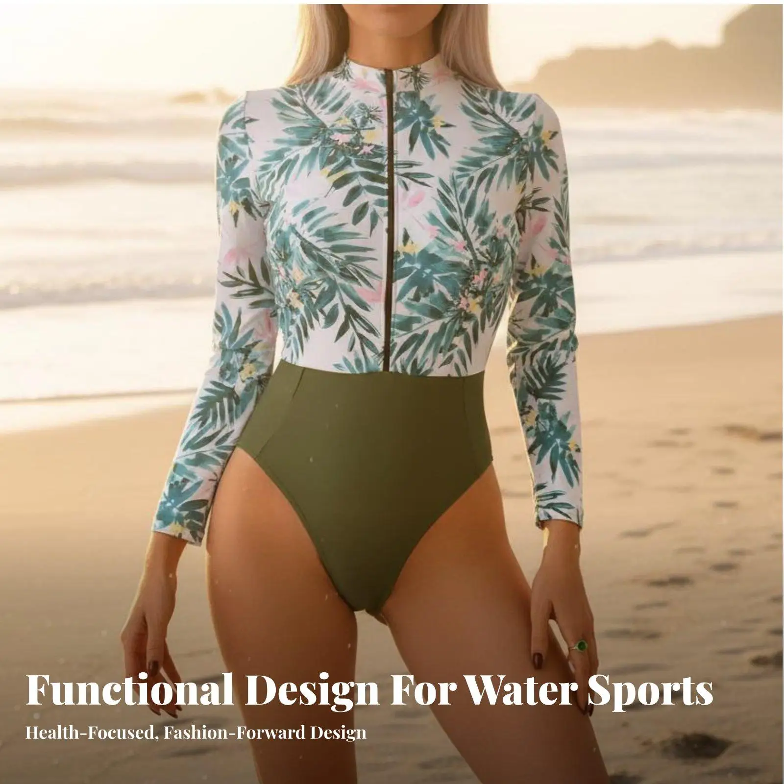 Floral Print Women Sunscreen Swimsuit Long Sleeve Zip Up One Piece Swimsuit High Neck Modest Beach Wear for Surfing Swimming