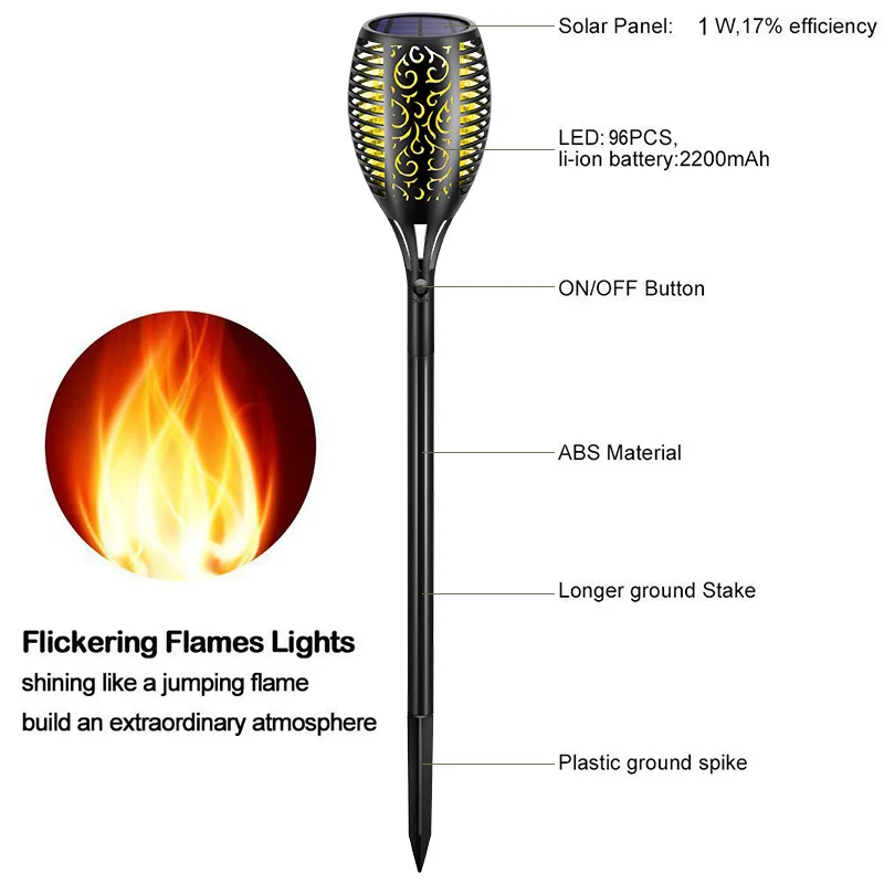 Large 12-96LED Solar Flame Torch Lights Flickering Light Waterproof Garden Decoration Outdoor Lawn Path Yard Patio Floor Lamps