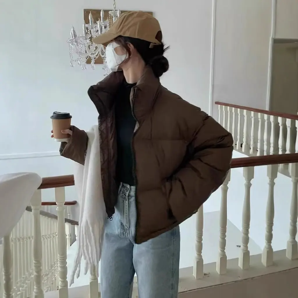 

Новое женское пуховое пальто в американском стиле с хлопковой подкладкой, модное свободное пальто с коротким вертикальным воротником, модное пальто для повседневной одежды