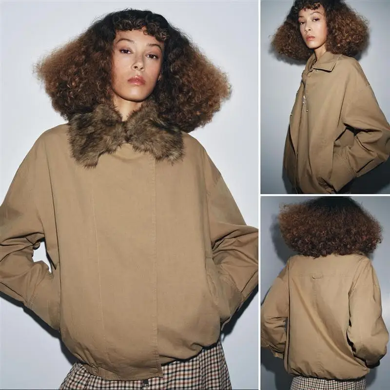زر إغلاق غير مرئي ياقة من الفرو الاصطناعي ملابس خارجية للطيار Jaet ملابس خارجية محايدة فضفاضة تناسب طويلة Sve طول منتظم #3
