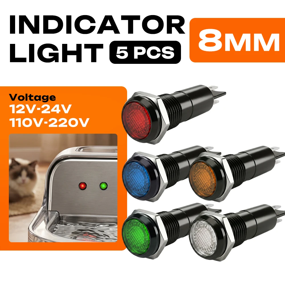 FILN 5PCS 8mm IP67 Waterproof Signal Light 12V-24V/110V-220V Black Metal LED Status Lamp for Marine Infrastructure Control Panel