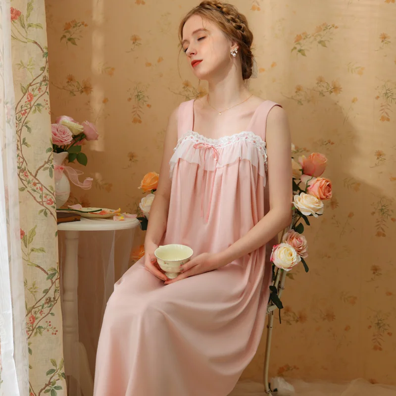 Women Sleeveless Cotton Night Dress Gown Summer Sweet Lace Long Nightgown Kawaii Nightdress Sexy Sleepwear Princess Nightwear